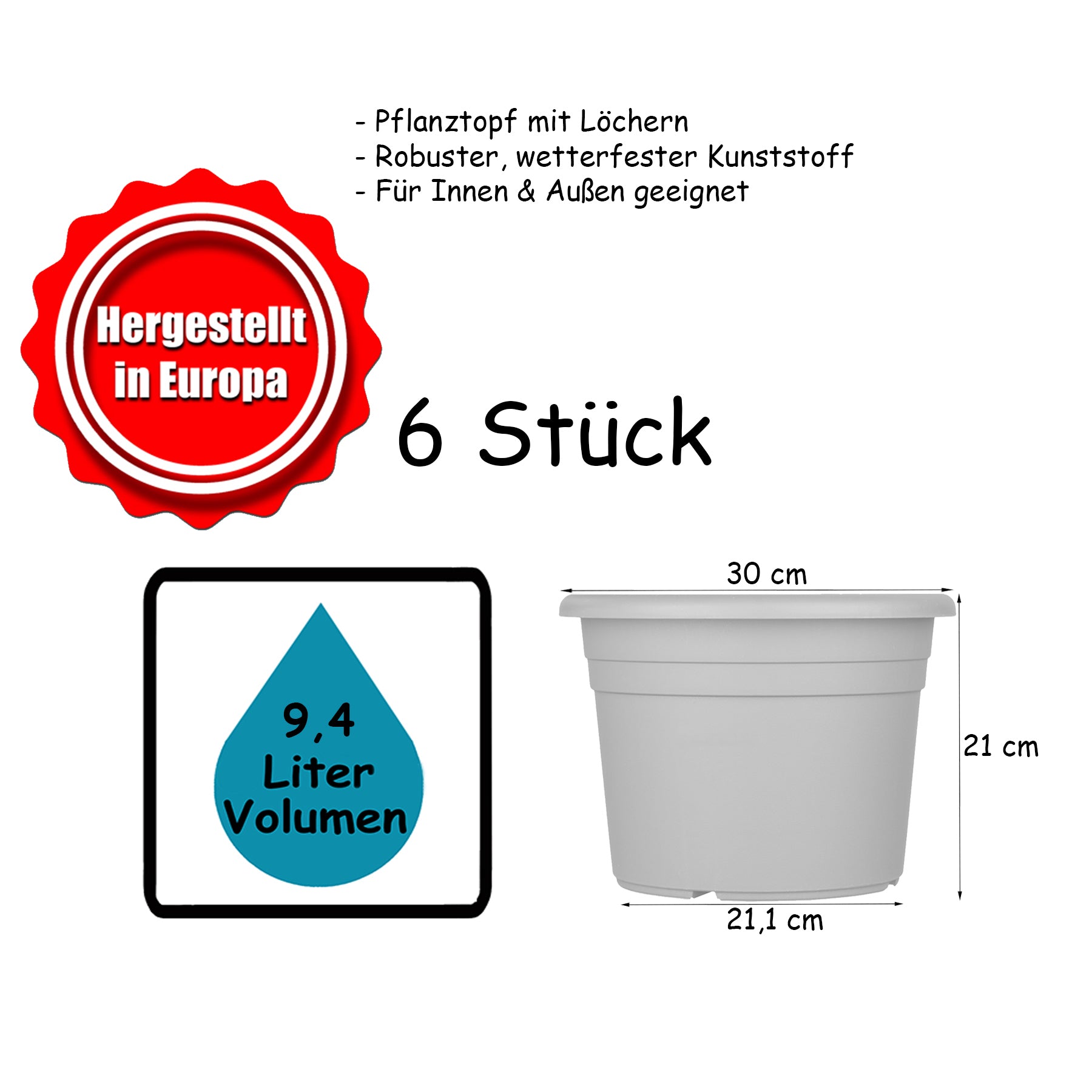 6x Blumentopf Ø 30 cm Farbe Anthrazit Kunststoff Pflanztopf Containertopf Übertopf Pflanzkübel rund 5