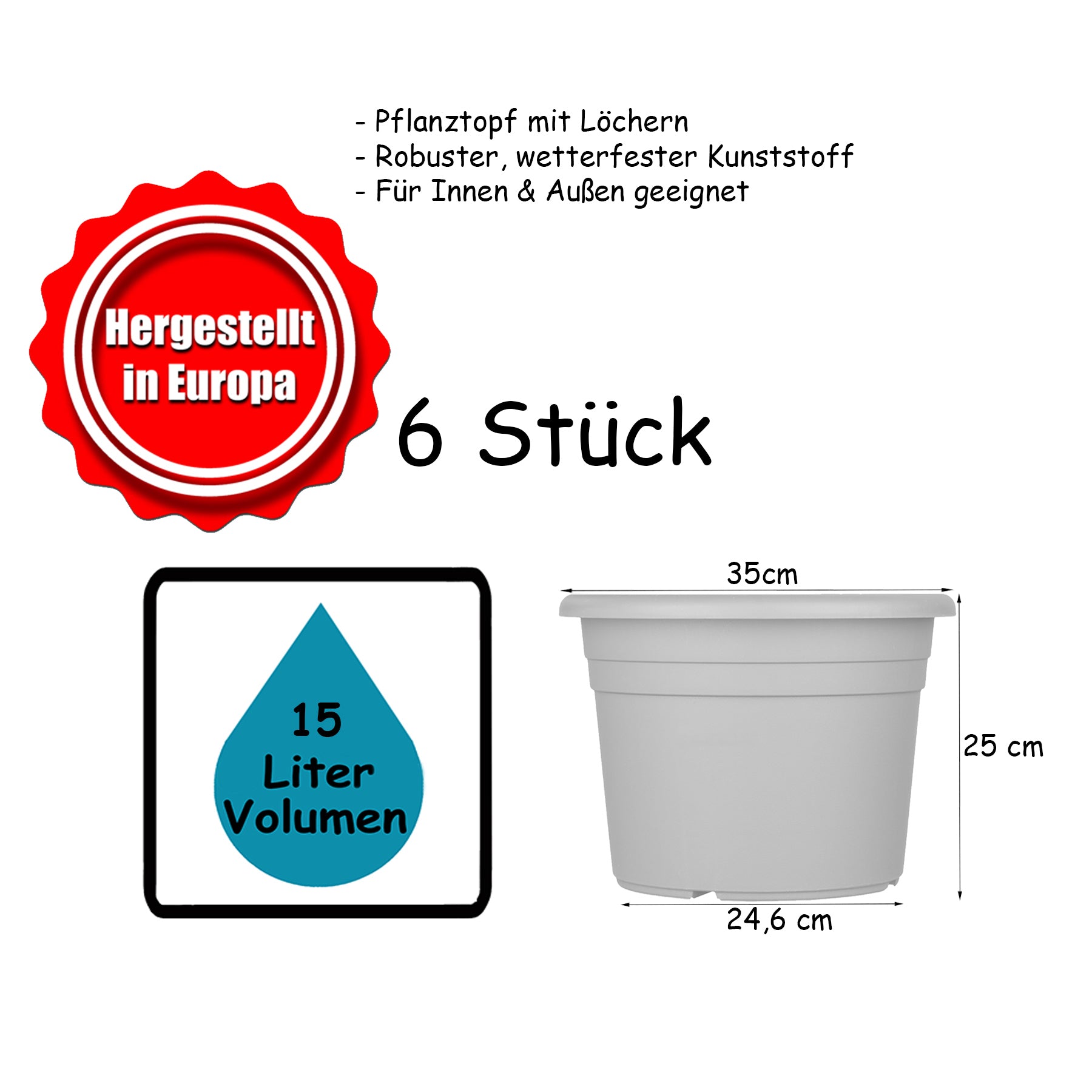 6x Blumentopf Ø 35 cm Farbe Anthrazit Kunststoff Pflanztopf Containertopf Übertopf Pflanzkübel rund 5