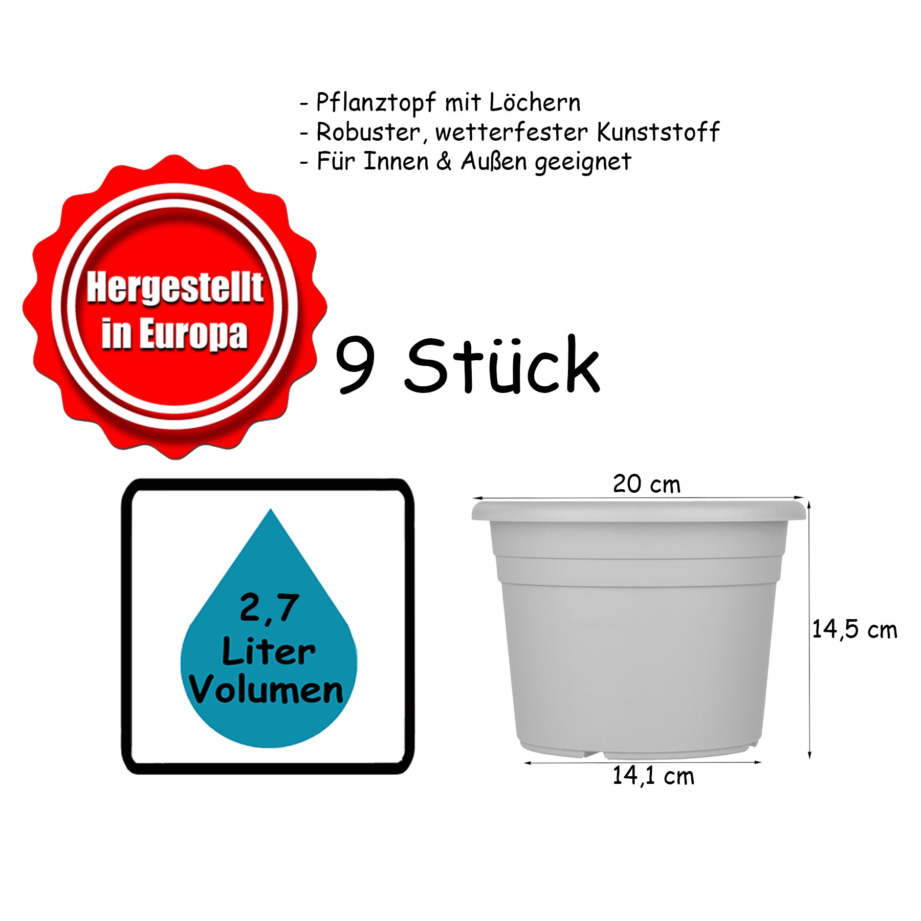 9x Blumentopf Ø 20 cm Farbe Anthrazit Kunststoff Pflanztopf Containertopf Übertopf Pflanzkübel rund 5