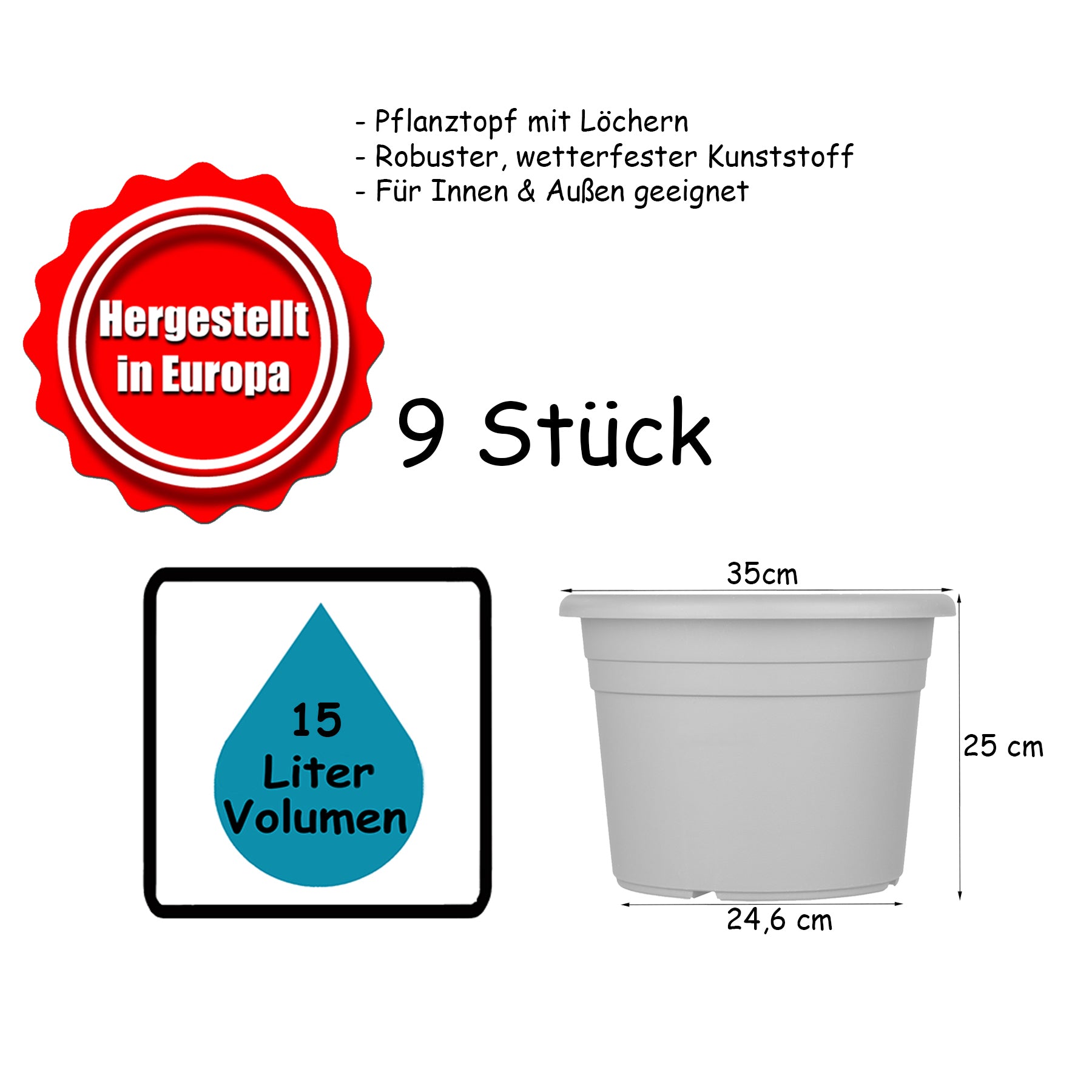 9x Blumentopf Ø 35 cm Farbe Anthrazit Kunststoff Pflanztopf Containertopf Übertopf Pflanzkübel rund 5