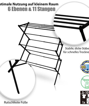 Wäscheständer platzsparend Schwarz – Wäscheturm mit Teleskopfunktion & 6 Ebenen - 5 bis 10m Trockenlänge 2