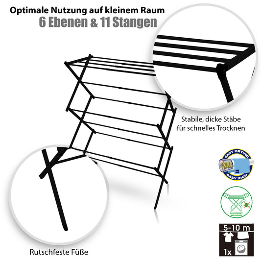 Wäscheständer platzsparend Schwarz – Wäscheturm mit Teleskopfunktion & 6 Ebenen - 5 bis 10m Trockenlänge 2