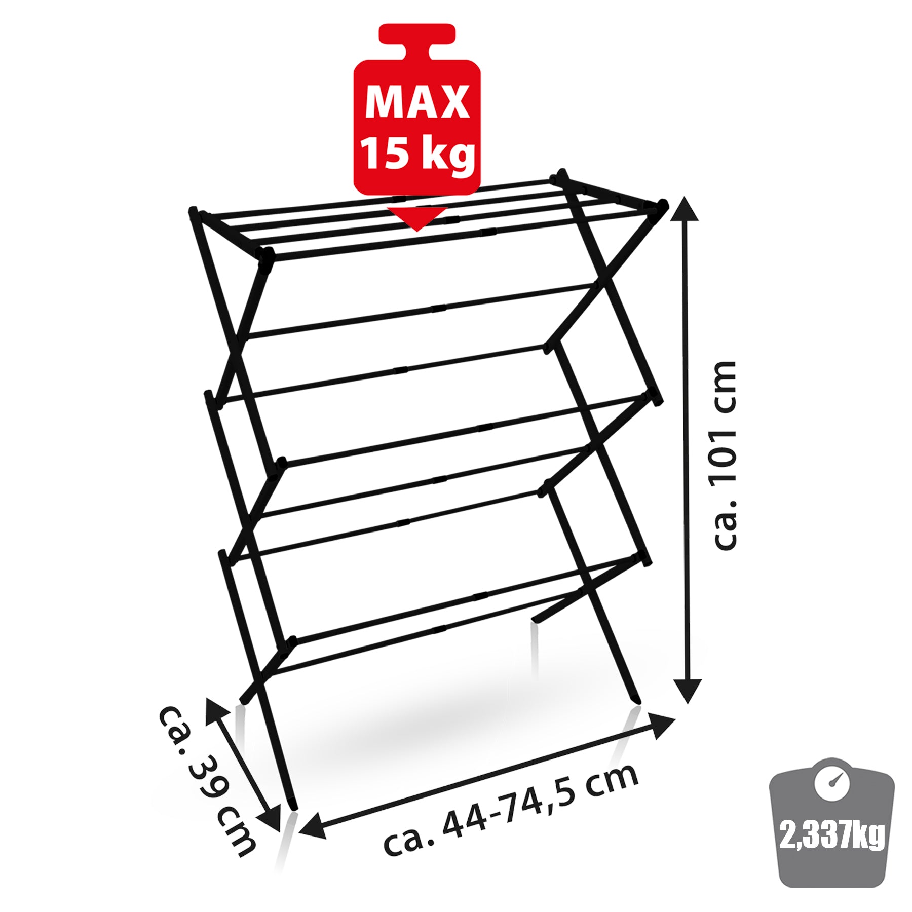 Wäscheständer platzsparend Schwarz – Wäscheturm mit Teleskopfunktion & 6 Ebenen - 5 bis 10m Trockenlänge 3