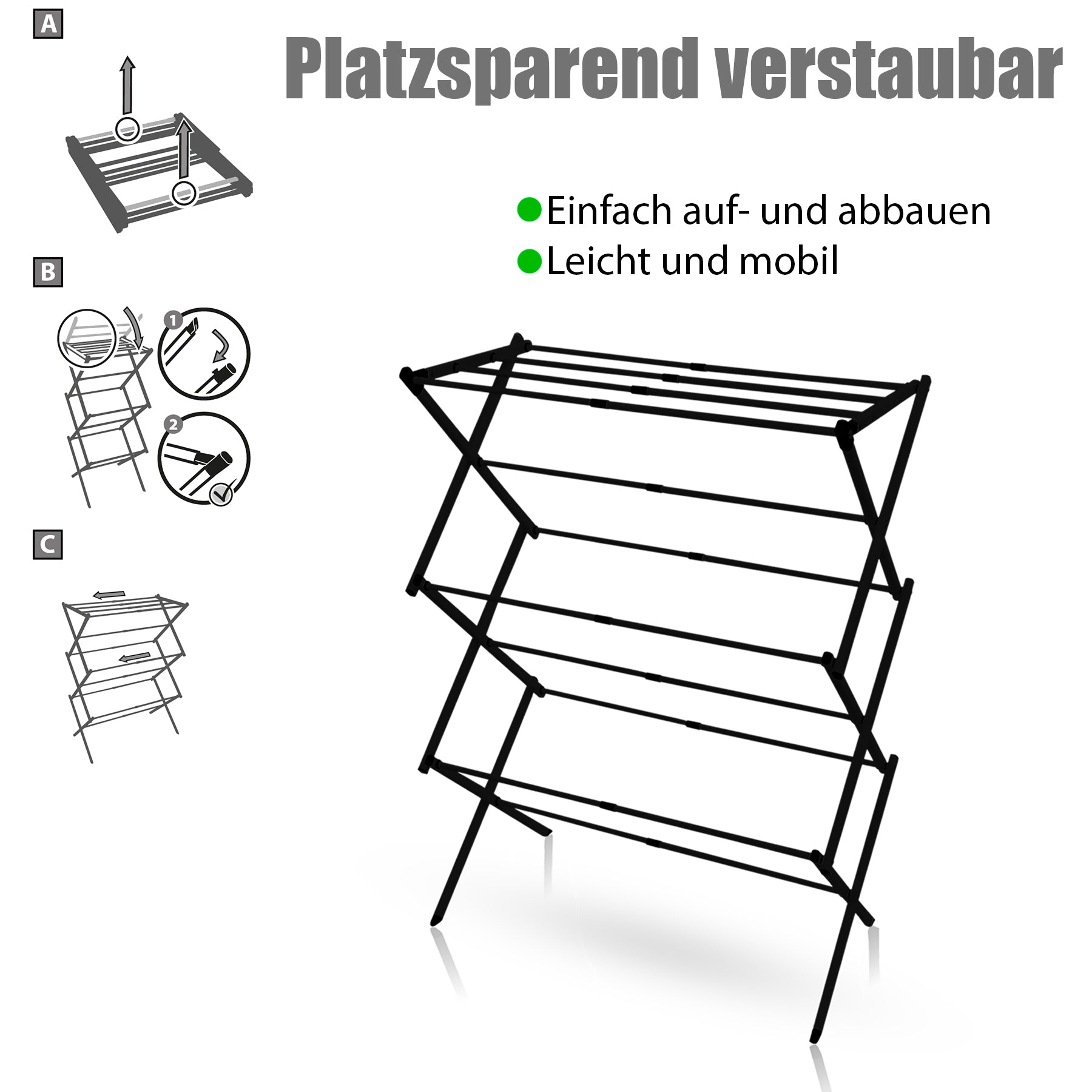 Wäscheständer platzsparend Schwarz – Wäscheturm mit Teleskopfunktion & 6 Ebenen - 5 bis 10m Trockenlänge 5