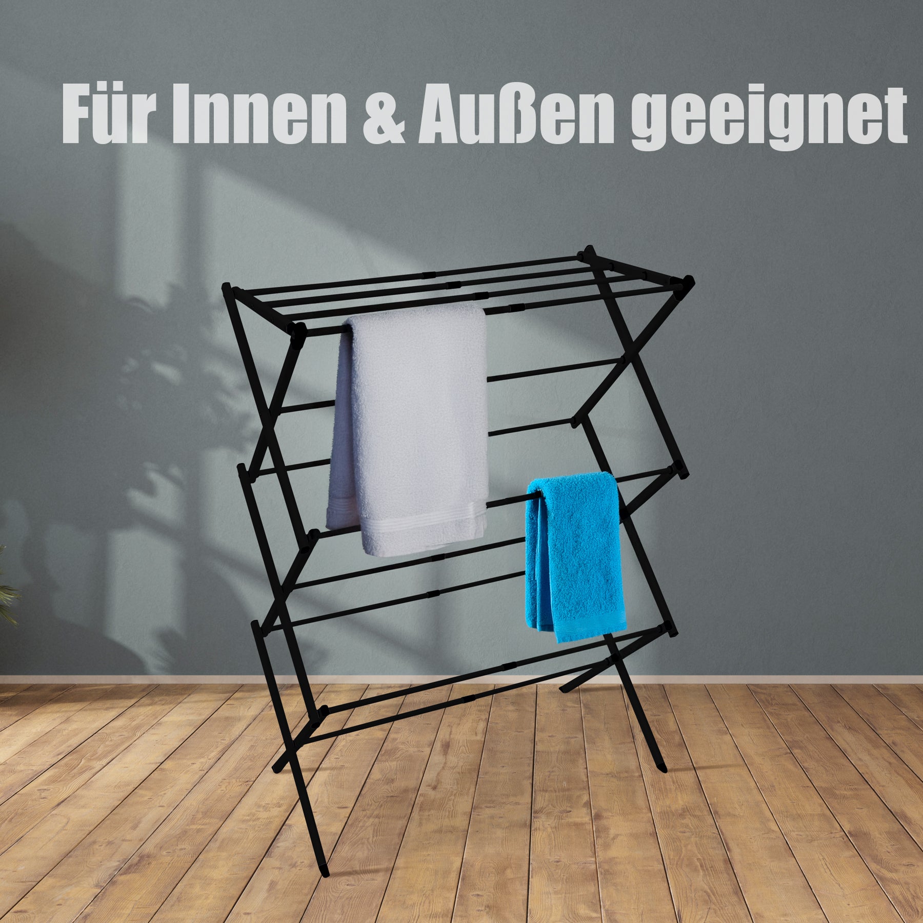 Wäscheständer platzsparend Schwarz – Wäscheturm mit Teleskopfunktion & 6 Ebenen - 5 bis 10m Trockenlänge 6