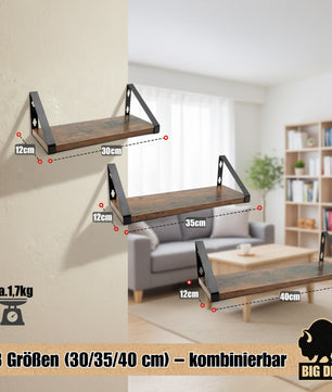BigDean 3er Set Wandregal Wall Shelf 2 Montagemöglichkeiten 30/35/40 cm Regal Wand Regalbrett Regale 3