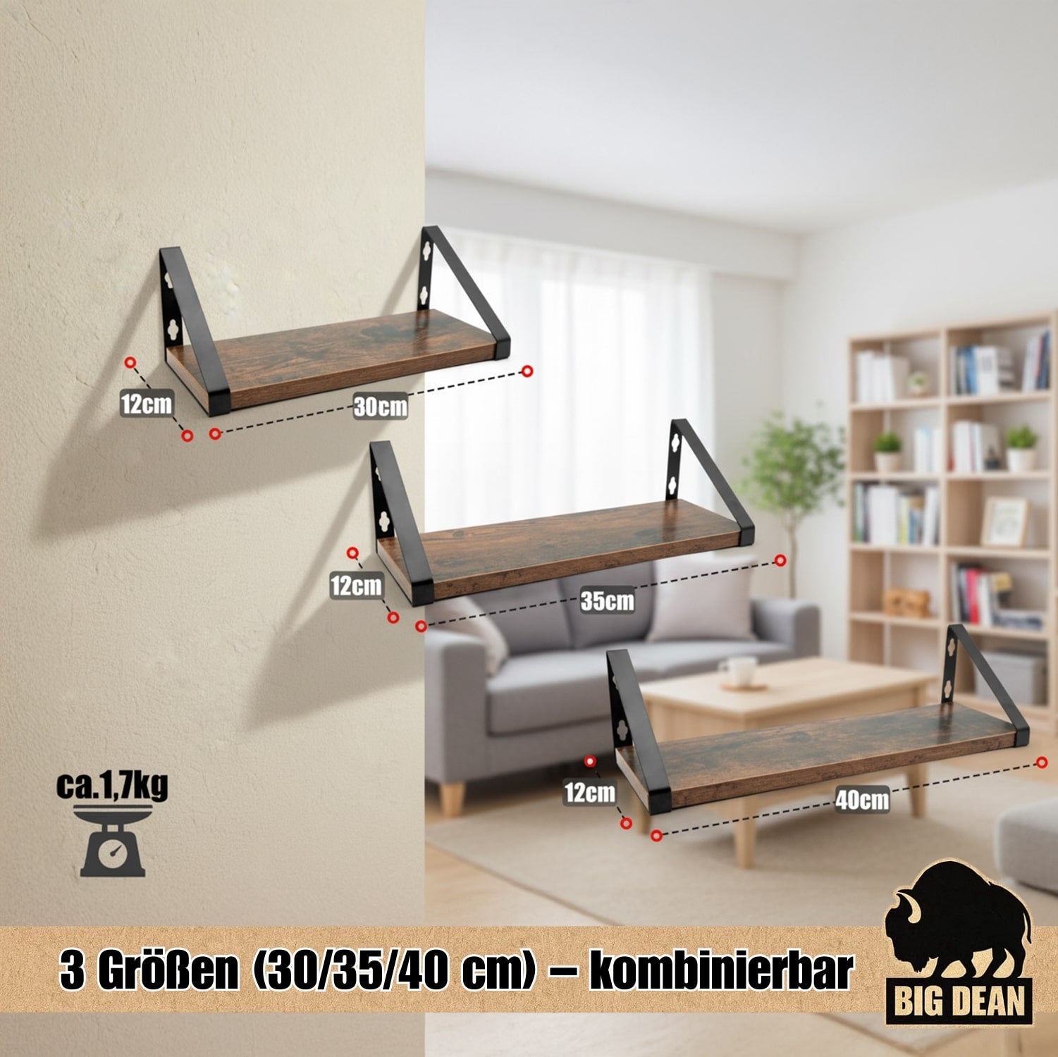 BigDean 3er Set Wandregal Wall Shelf 2 Montagemöglichkeiten 30/35/40 cm Regal Wand Regalbrett Regale 3