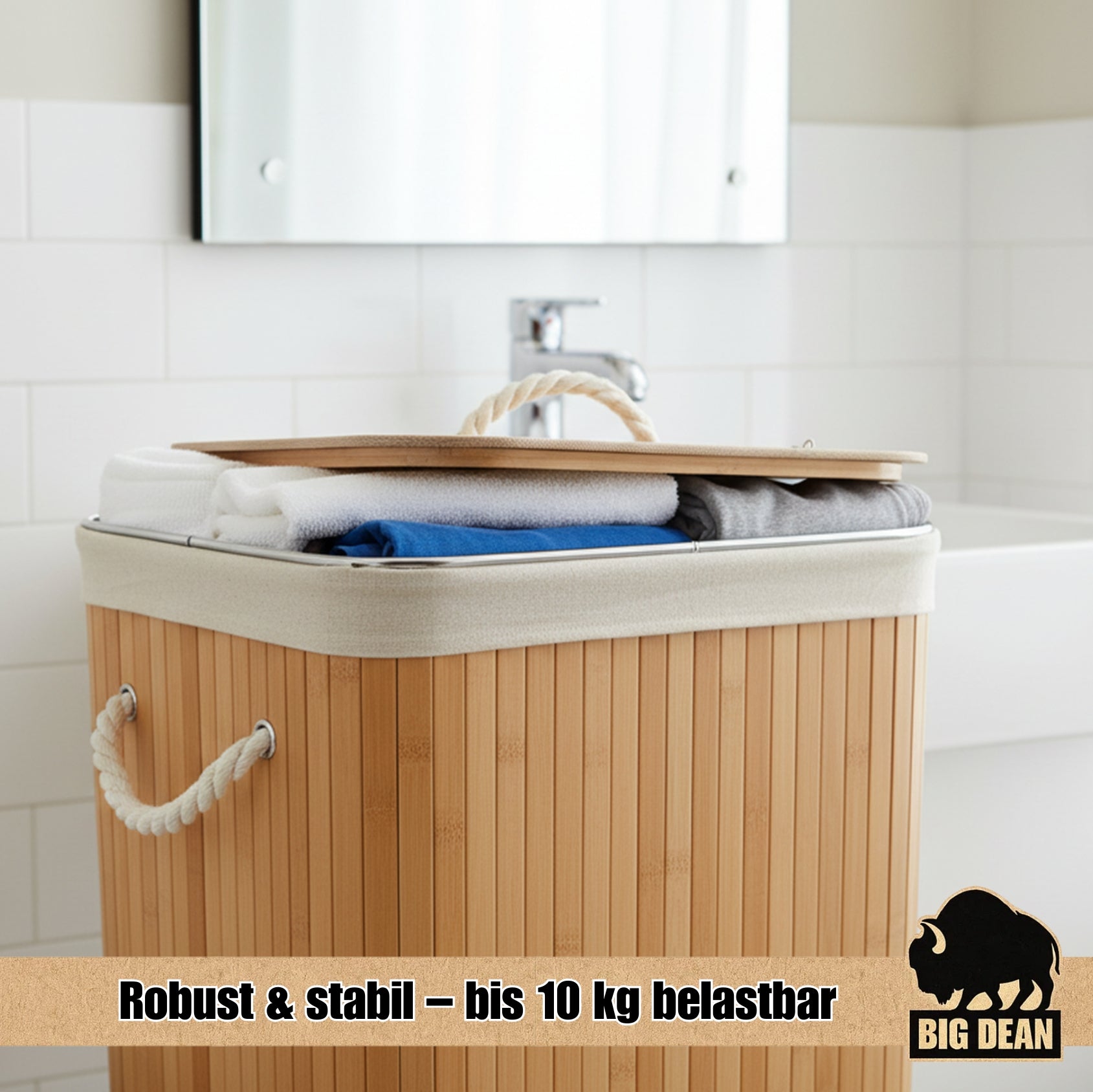 BigDean Wäschekorb Bambus 72L Wäschesammler Wäschetruhe Wäschetonne Wäschekorb mit Deckel Wäschesack 3