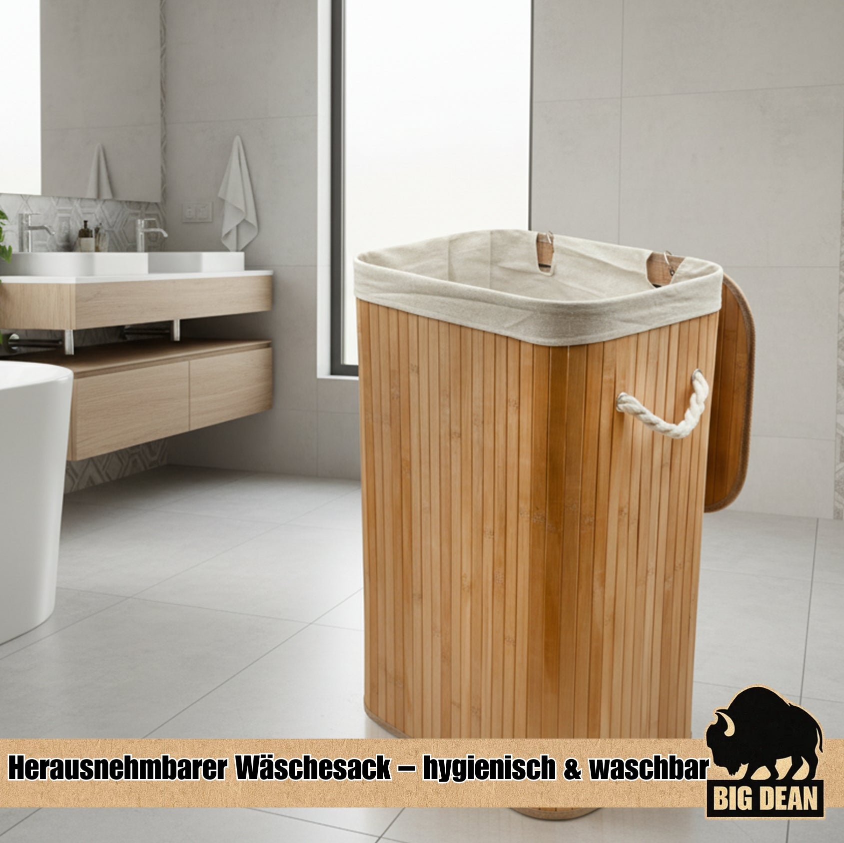 BigDean Wäschekorb Bambus 72L Wäschesammler Wäschetruhe Wäschetonne Wäschekorb mit Deckel Wäschesack 4