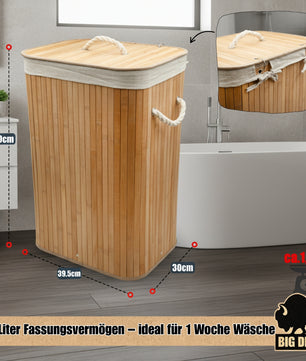BigDean Wäschekorb Bambus 72L Wäschesammler Wäschetruhe Wäschetonne Wäschekorb mit Deckel Wäschesack 6
