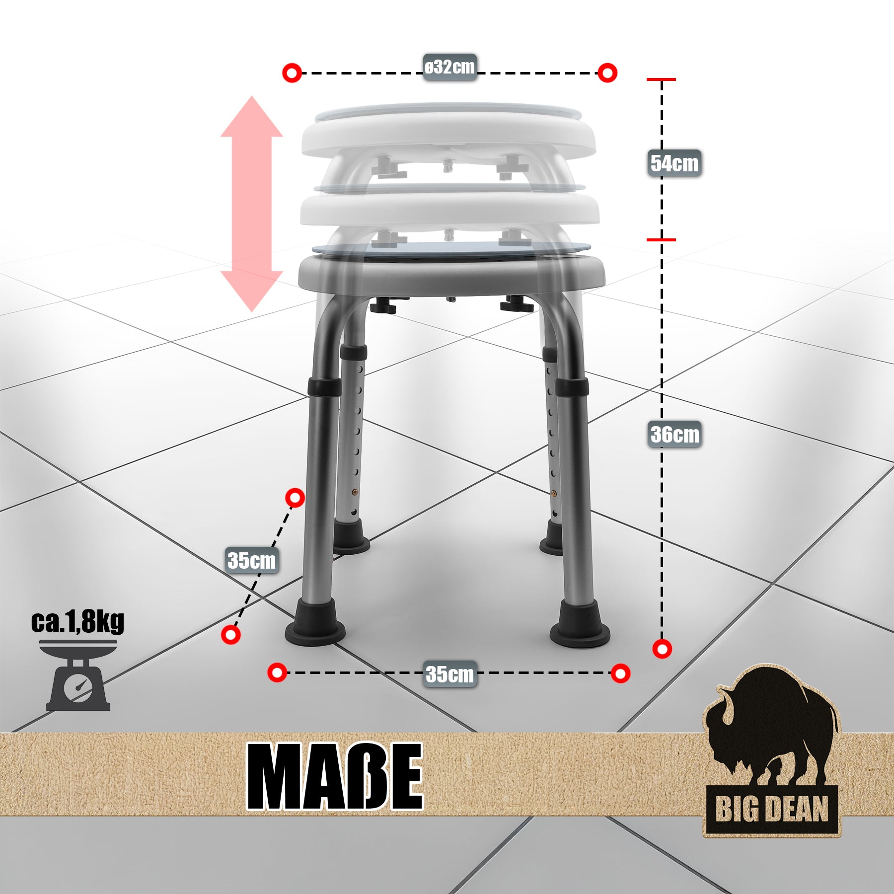 Duschhocker 360° drehbarer belastbarer Duschstuhl bis 136 kg höhenverstellbarer Duschhocker. rutschf 3