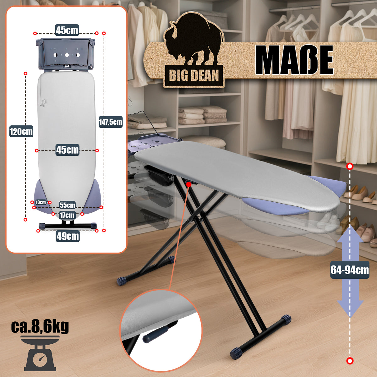 BigDean Bügelbrett XXL (120x45 cm Bügelfläche) inkl. ausklappbarer Schulterpassform - Stabiler Bügeltisch für Dampfbügelstationen und Bügeleisen - Ironing Board - höhenverstellbar image 3