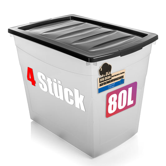 BigDean 4x 80 L Aufbewahrungsbox mit Deckel und Rollen groß Budget Line Plastikbox mit Deckel XXL image 1