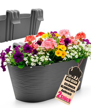 MA 2x Blumenkasten Balkongeländer 43cm Blumenkästen mit Wasserspeicher Balkonkasten mit Halterung Anthrazit mit Struktur