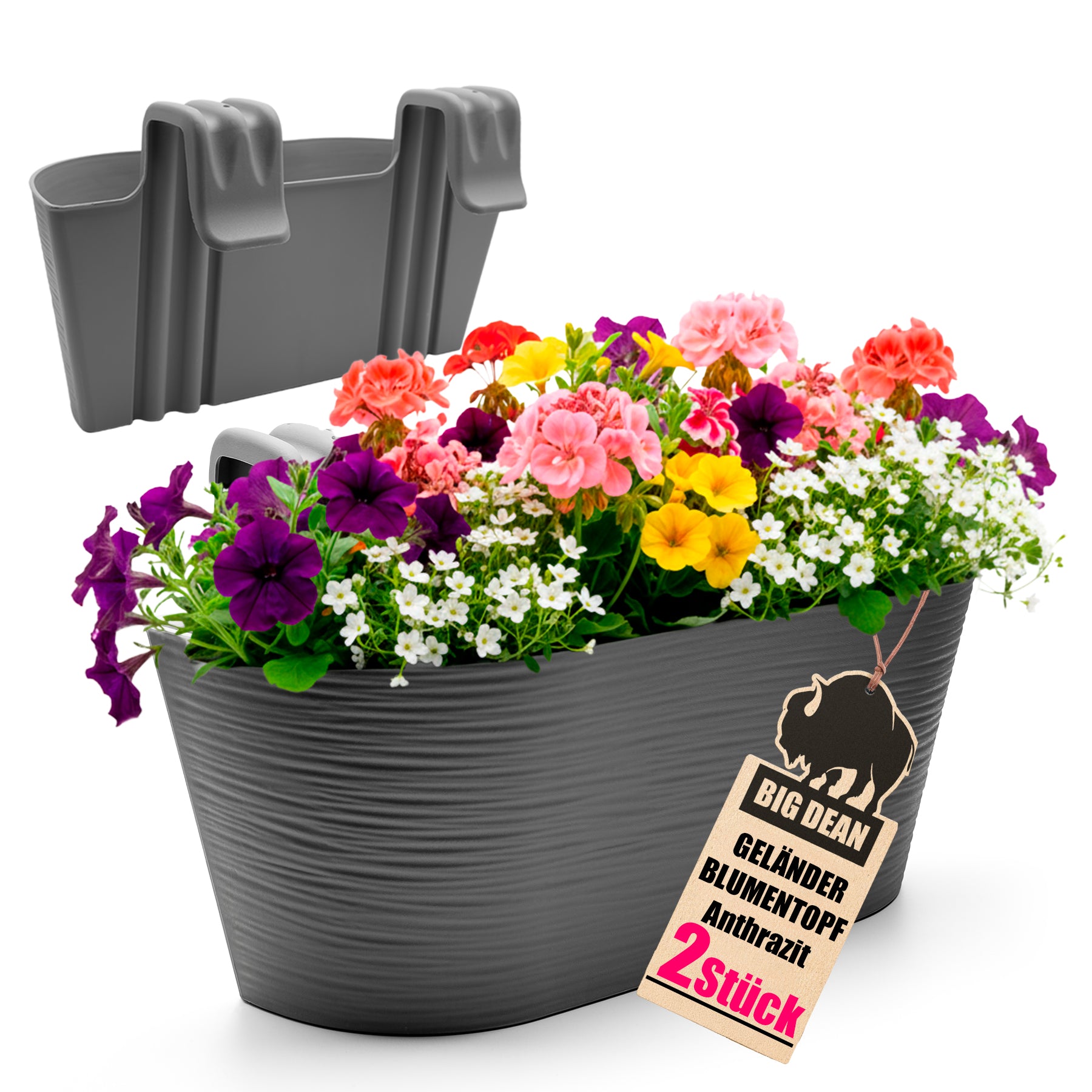 MA 2x Blumenkasten Balkongeländer 43cm Blumenkästen mit Wasserspeicher Balkonkasten mit Halterung Anthrazit mit Struktur