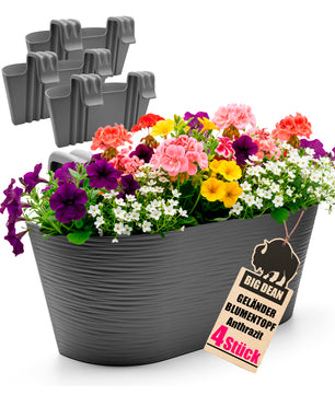 MA 4x Blumenkasten Balkongeländer 43cm Blumenkästen mit Wasserspeicher Balkonkasten mit Halterung Anthrazit mit Struktur