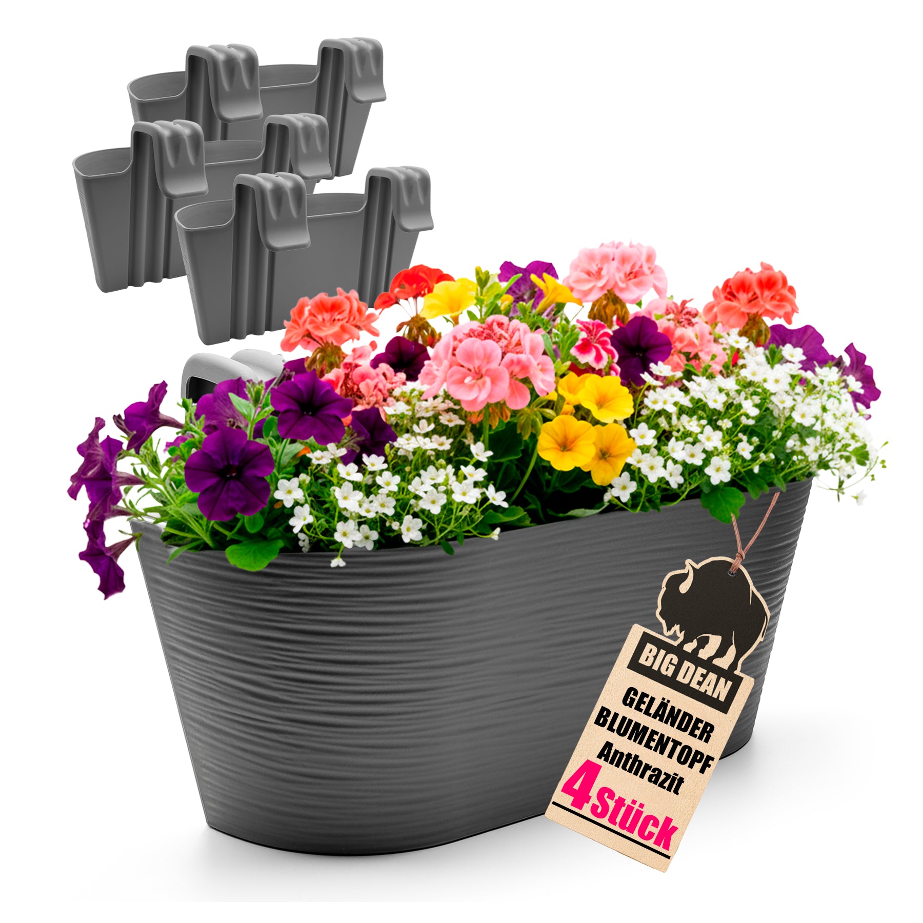 MA 4x Blumenkasten Balkongeländer 43cm Blumenkästen mit Wasserspeicher Balkonkasten mit Halterung Anthrazit mit Struktur