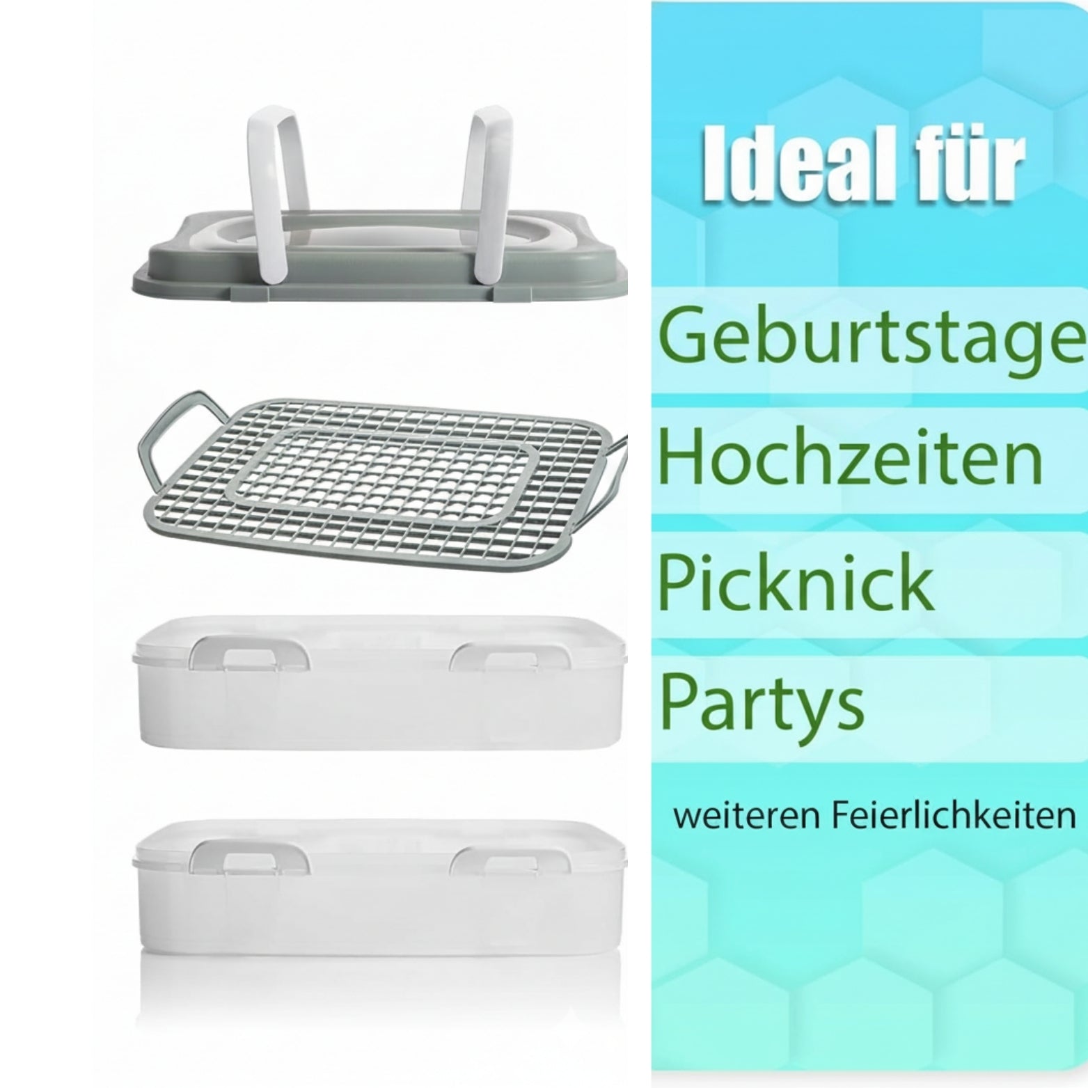 Partycontainer mit 2 Etagen und Hebeeinsatz in Pastell Grün – für Backwaren 4