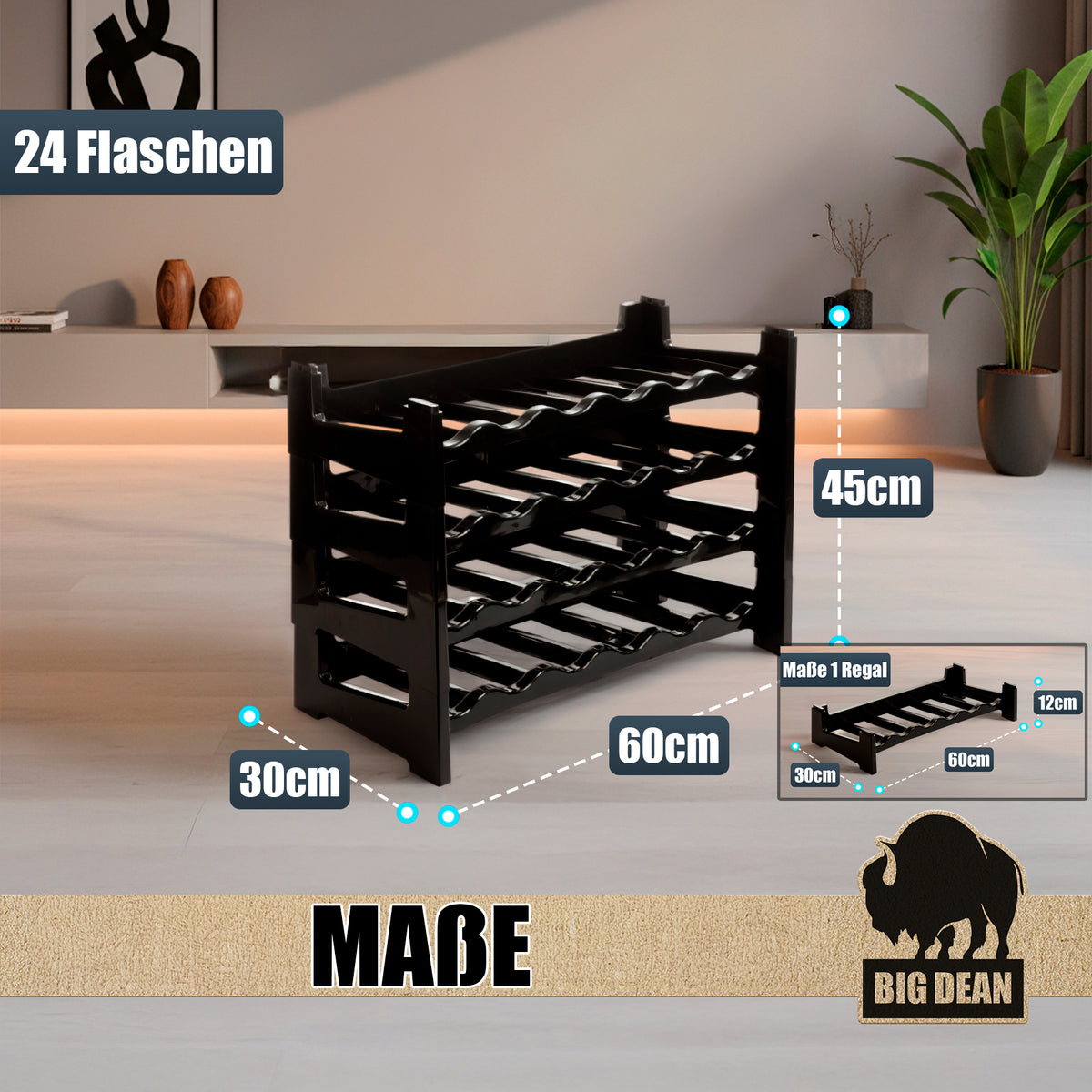 BigDean Flaschenregal stapelbar für 24 Flaschen Weinregal aus Kunststoff Schwarz Getränkeregal Flaschen Regalsystem für Glas- & PET bis 1,5 Liter image 3