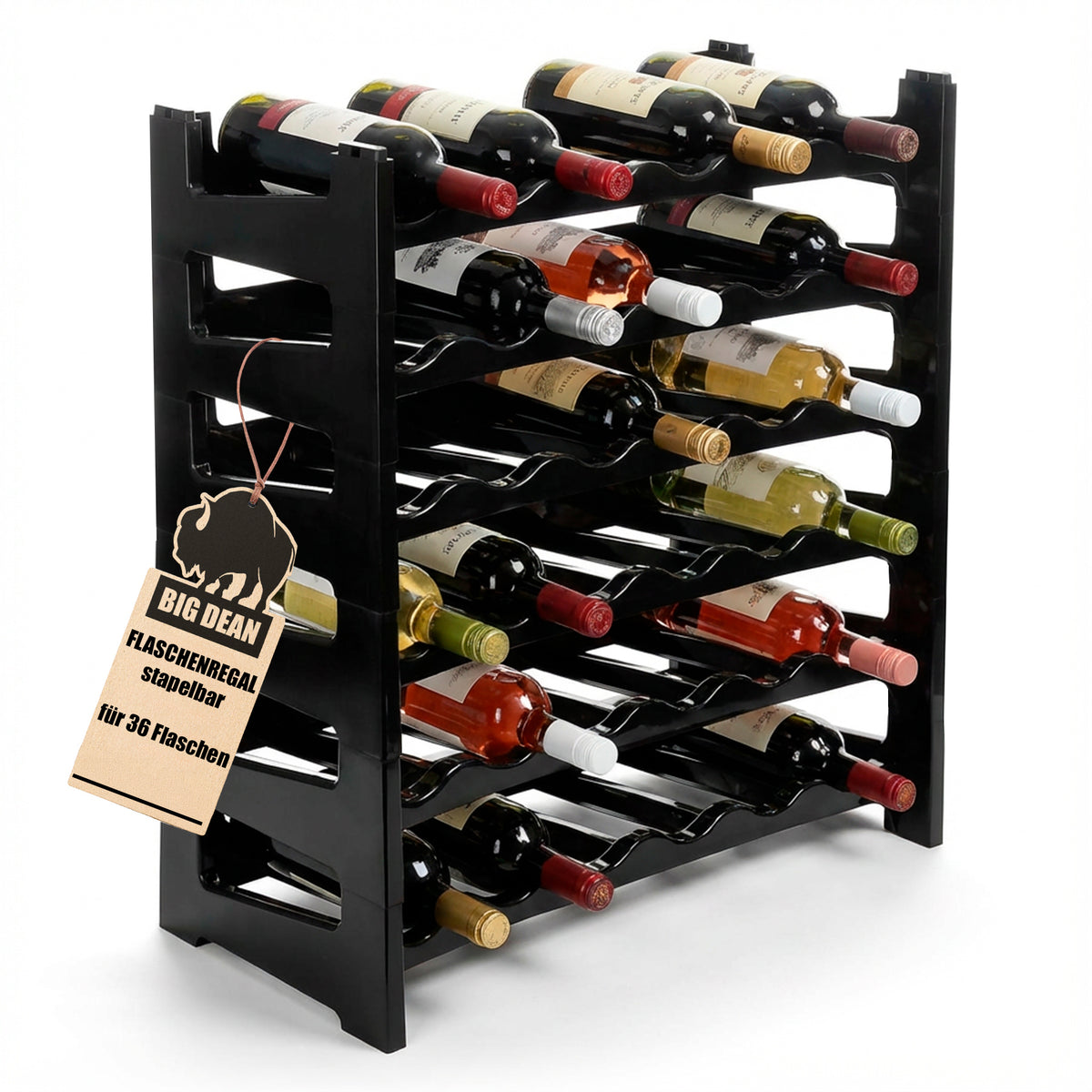 BigDean Flaschenregal stapelbar für 36 Flaschen Weinregal aus Kunststoff Schwarz Getränkeregal Flaschen Regalsystem für Glas- & PET bis 1,5 Liter image 1