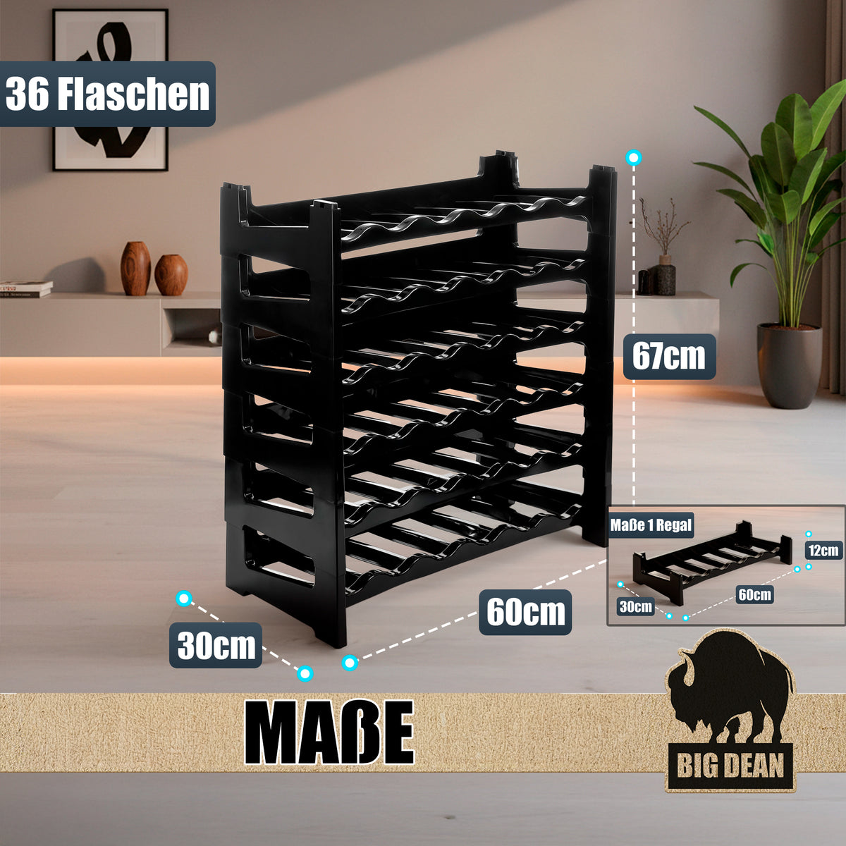 BigDean Flaschenregal stapelbar für 36 Flaschen Weinregal aus Kunststoff Schwarz Getränkeregal Flaschen Regalsystem für Glas- & PET bis 1,5 Liter image 3