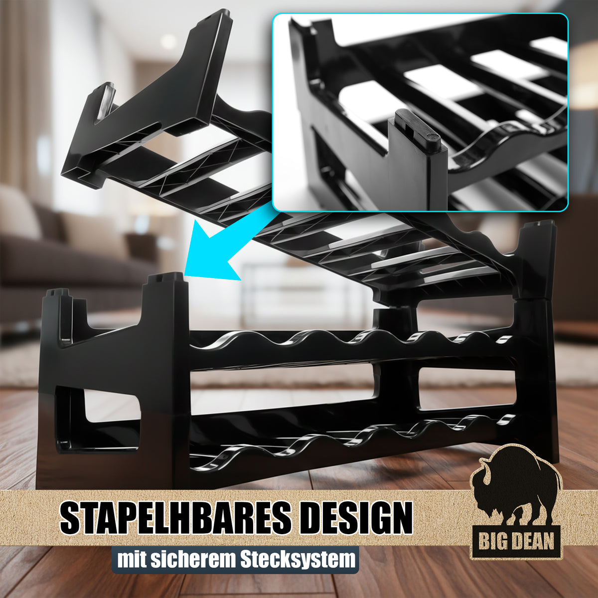 BigDean Flaschenregal stapelbar für 36 Flaschen Weinregal aus Kunststoff Schwarz Getränkeregal Flaschen Regalsystem für Glas- & PET bis 1,5 Liter image 4