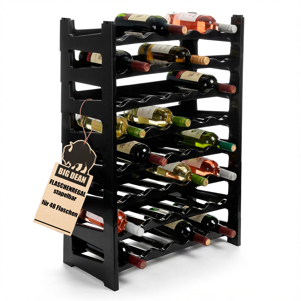 BigDean Flaschenregal stapelbar für 48 Flaschen Weinregal aus Kunststoff Schwarz Getränkeregal Flaschen Regalsystem für Glas- & PET bis 1,5 Liter image 1