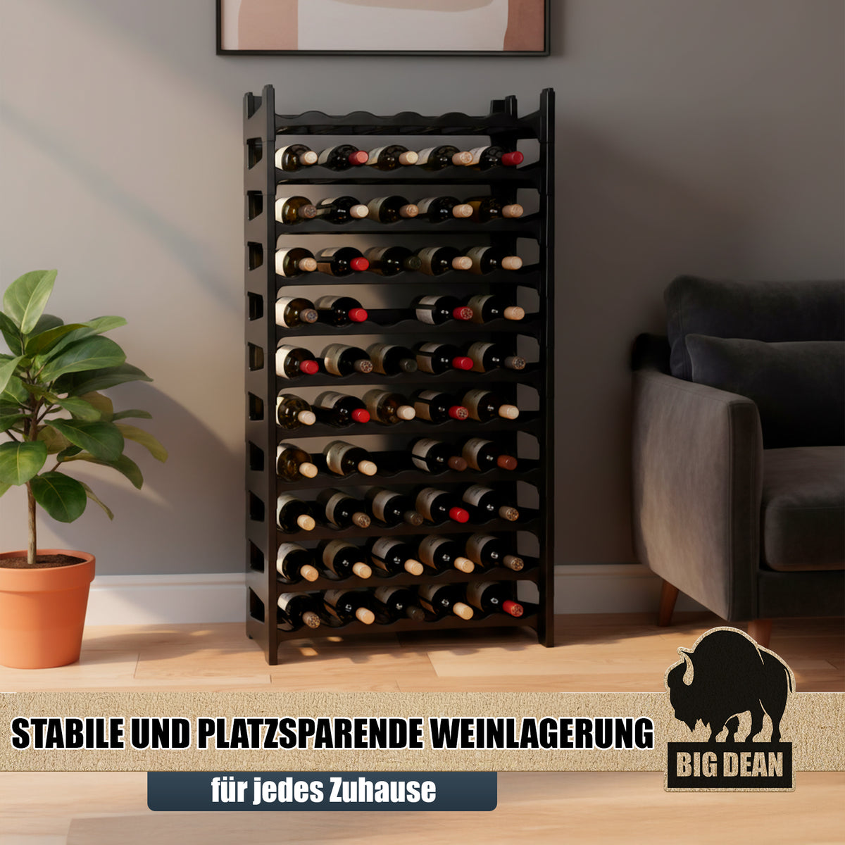 BigDean Flaschenregal stapelbar für 72Flaschen Weinregal aus Kunststoff Schwarz Getränkeregal Flaschen Regalsystem für Glas- & PET bis 1,5 Liter image 2