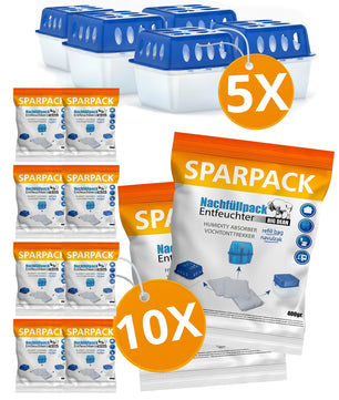 5 Stück Luftentfeuchter + 10 Nachfüllpacks – Raumentfeuchter nachfüllbar + wiederverwendbar 