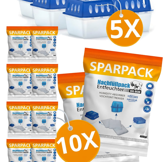 BigDean 5 Stück Luftentfeuchter + 10 Nachfüllpacks 400g – Raumentfeuchter nachfüllbar + wiederverwendbar – Entfeuchter ohne Strom image 1