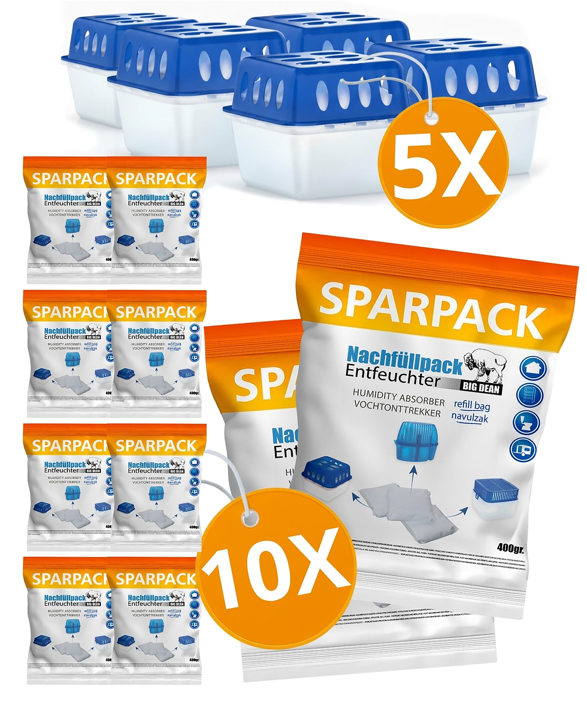 5 Stück Luftentfeuchter + 10 Nachfüllpacks – Raumentfeuchter nachfüllbar + wiederverwendbar 