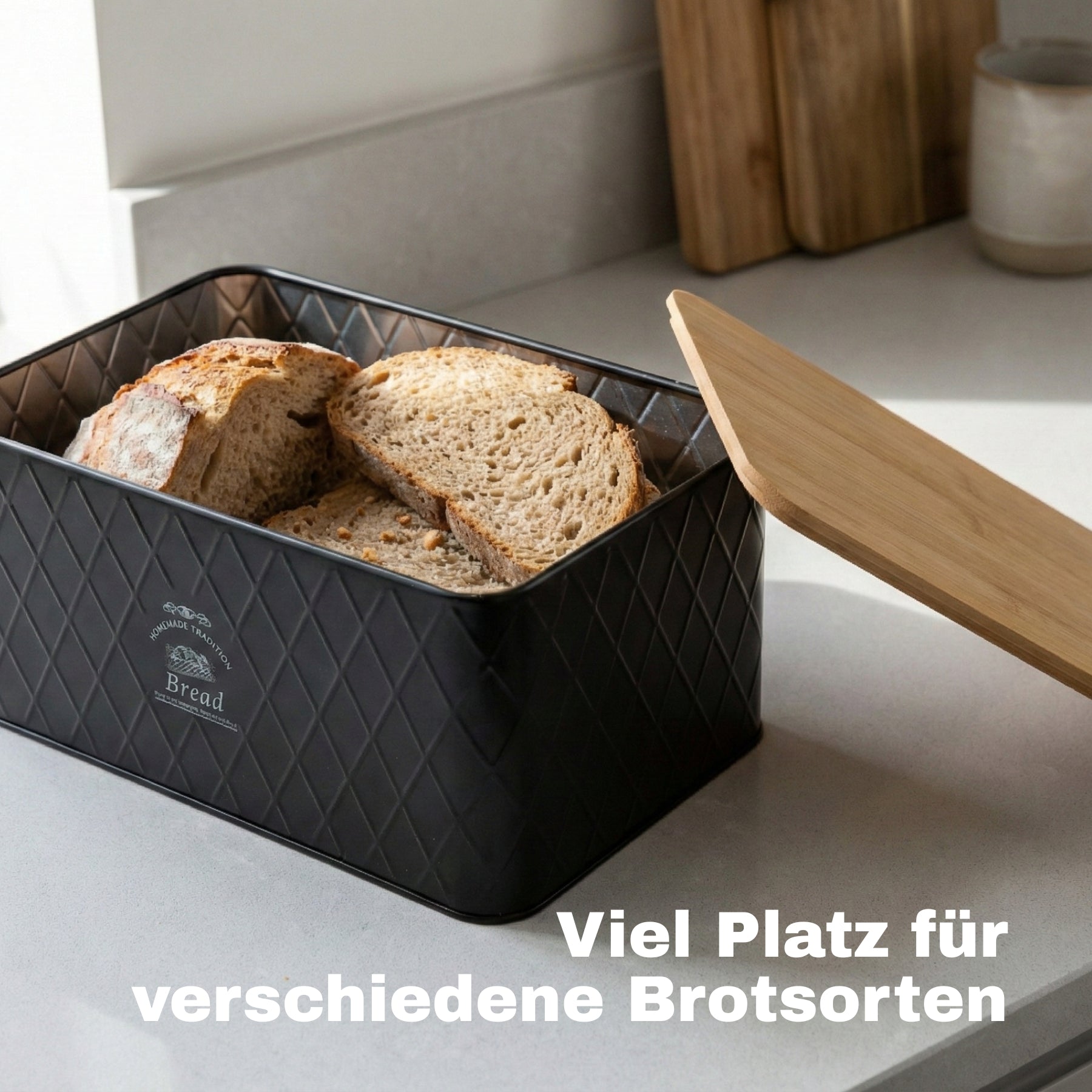 Brotkasten mit Deckel aus Bambus - Brotbox Metall Brotkasten schwarz Brotaufbewahrung 2