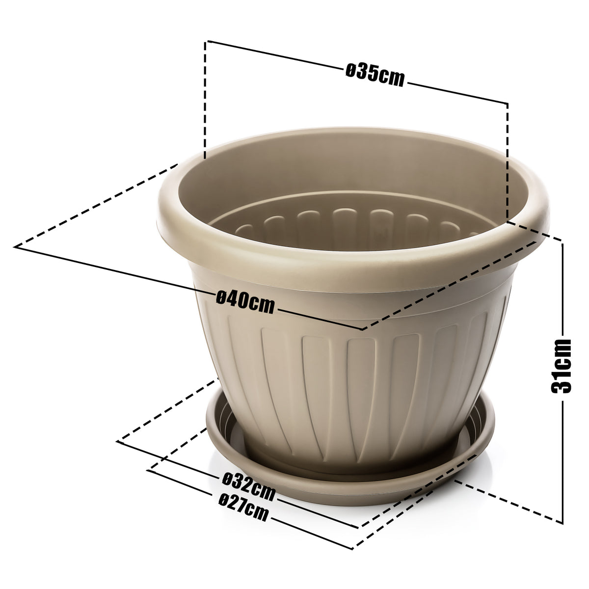 BigDean 40cm Blumentopf mit Untersetzer rund Mocca - wetterfester Pflanzkübel - Wasserablauf UV-beständig aus bruchsicherem Kunststoff - Innen + Außen geeignet - Made in Europe image 3
