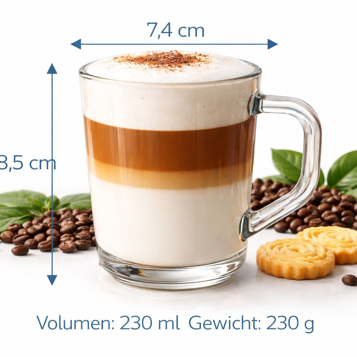 6er Set Latte Macchiato Gläser mit Henkel 230 ml klare Latte Gläser & Cappuccino Gläser Kaffeegläser Teegläser Kaffee Gläser Gläser Set für Heiß -& Kaltgetränke - BigDean image 2