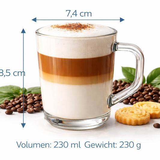 6er Set Latte Macchiato Gläser mit Henkel 230 ml klare Latte Gläser & Cappuccino Gläser Kaffeegläser Teegläser Kaffee Gläser Gläser Set für Heiß -& Kaltgetränke - BigDean image 2