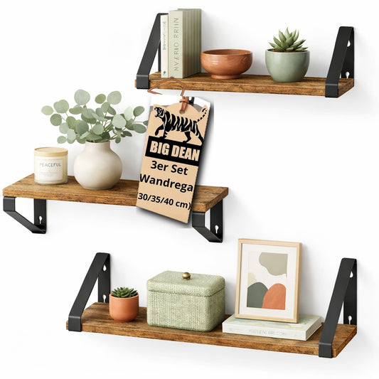 BigDean 3er Set Wandregal Set Regal Vintage Wall Shelf 2 Montagemöglichkeiten 30/35/40 cm Regal Wand Schweberegal Regalbrett Regale für Wände Industrial Design Wand Regale braun/schwarz image 1