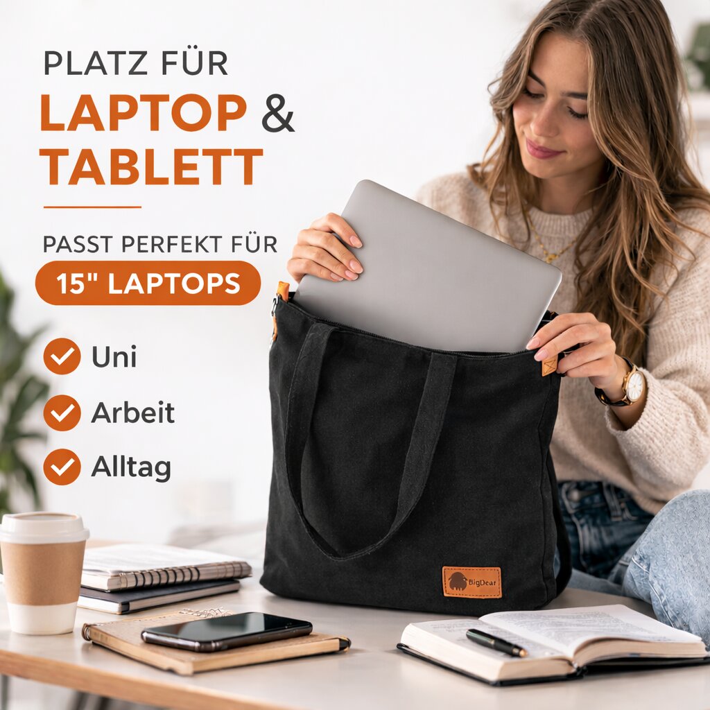 BigDean Canvas Umhängetasche Damen groß – Shopper Schultertasche mit Reißverschluss & vielen Fächern, Stofftasche Freizeittasche Arbeitstasche Schultasche Uni Tasche für Alltag Shopping Büro image 4