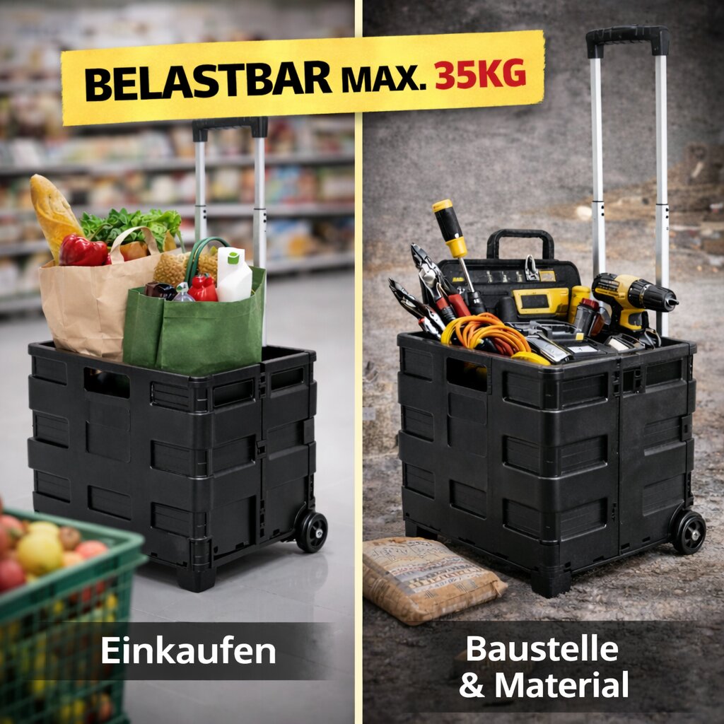 BigDean Werkzeugtrolley leer klappbar bis 35kg - Transportbox mit Rollen & Teleskopgriff - Einkaufstrolley klappbar mobile Aufbewahrungsbox faltbar - Werkzeugkiste Werkzeugwagen Transportkiste Rollbox image 4