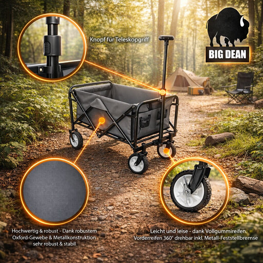 Bollerwagen faltbar bis 80kg grau/schwarz - kompakter Transportwagen klappbar - Handwagen für Camping, Einkäufe, Garten, Festival & Ausflüge - platzsparender Faltbollerwagen - BigDean image 2