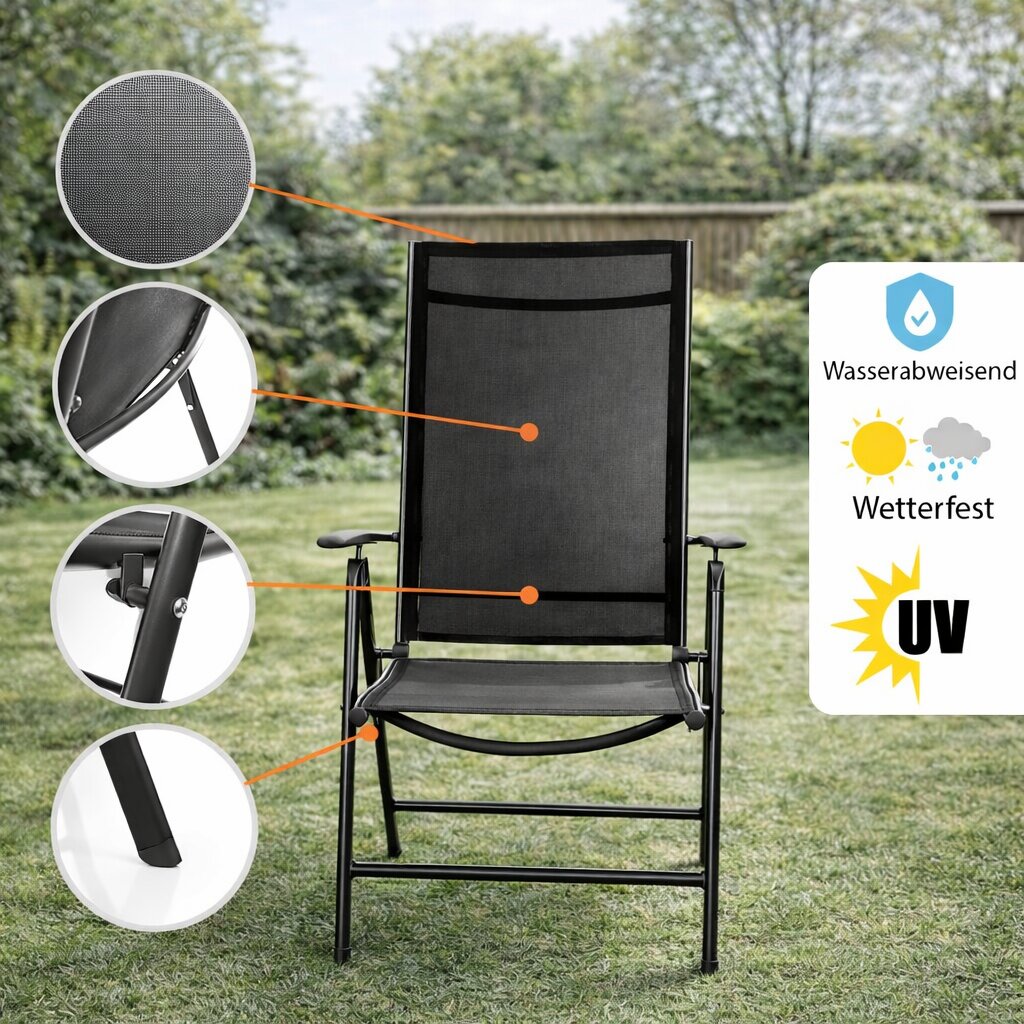 2er Set Gartenstuhl Hochlehner klappbar bis 120kg belastbar schwarz 7-fach verstellbar 4
