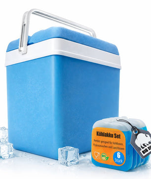 Kühlbox 24 Liter Set inkl. 6 Kühlakkus, blau/weiß, ohne Strom, bis zu 11 Std. Kühlung Made in Europe