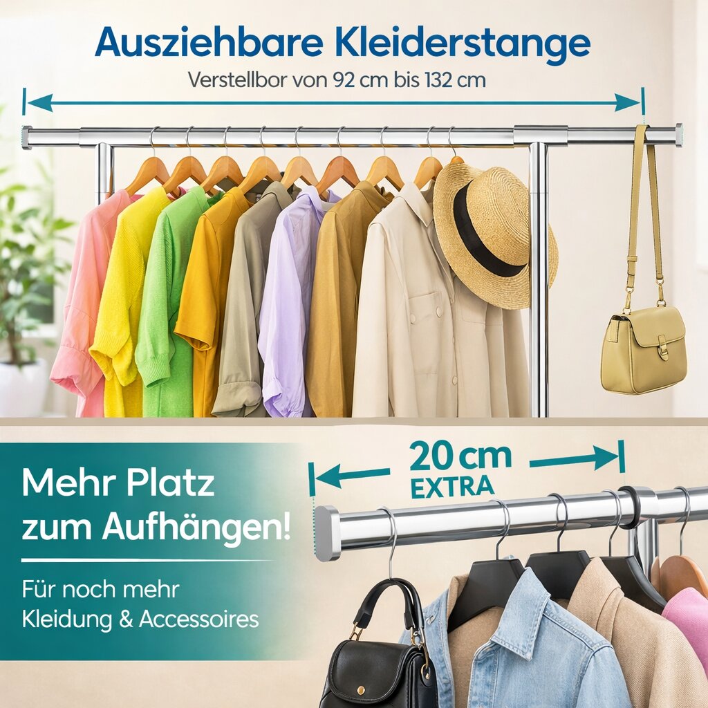Kleiderständer auf Rollen bis 90 kg belastbar ausziehbare Kleiderstange Garderobenständer 2