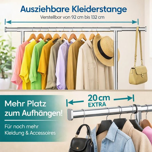 Kleiderständer auf Rollen bis 90 kg belastbar ausziehbare Kleiderstange Garderobenständer 2