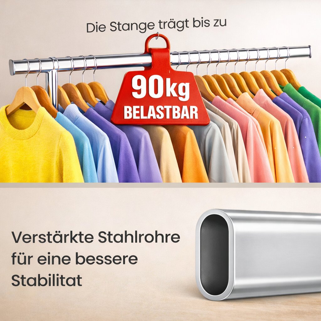 Kleiderständer auf Rollen bis 90 kg belastbar ausziehbare Kleiderstange Garderobenständer 4