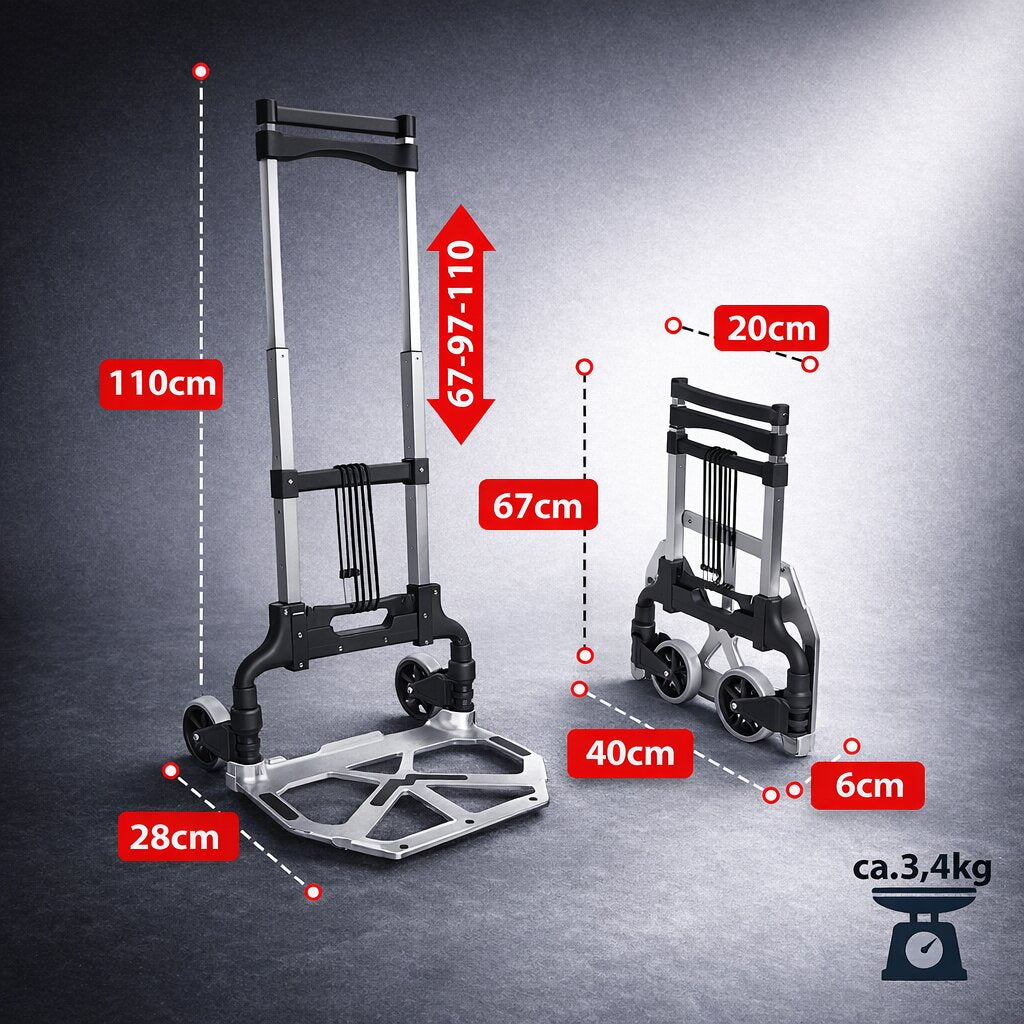 Aluminium Transportkarre klappbar, Sackkarre bis 70 kg + 110 cm Teleskopgriff, Anti-Rutsch-Pads 2