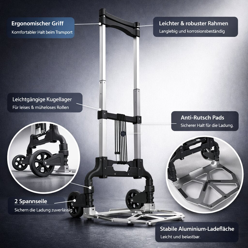 Aluminium Transportkarre klappbar, Sackkarre bis 70 kg + 110 cm Teleskopgriff, Anti-Rutsch-Pads 3