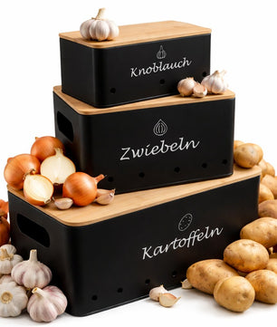 Kartoffel Aufbewahrungsbox 3er Set aus Metall mit Bambusdeckel – für Kartoffeln, Zwiebeln & 