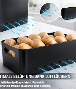 Kartoffel Aufbewahrungsbox 3er Set aus Metall mit Bambusdeckel – für Kartoffeln, Zwiebeln &  2