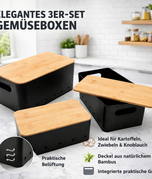 Kartoffel Aufbewahrungsbox 3er Set aus Metall mit Bambusdeckel – für Kartoffeln, Zwiebeln &  4