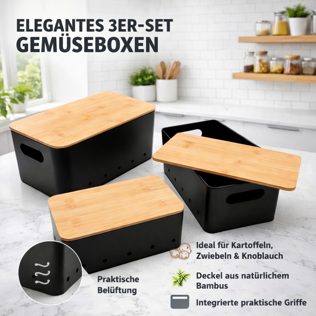 Kartoffel Aufbewahrungsbox 3er Set aus Metall mit Bambusdeckel – für Kartoffeln, Zwiebeln &  4